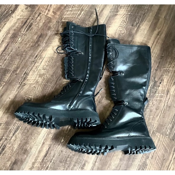 Free People Miller Cut Out Lace Up Tall Boot Lug Sole Black Leather - Picture 5 of 7